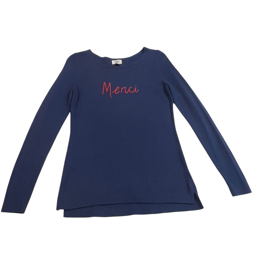 Old Navy Blue Sweater Red Merci Size SP Long Sleeve Soft Cotton Blend Scoop Neck